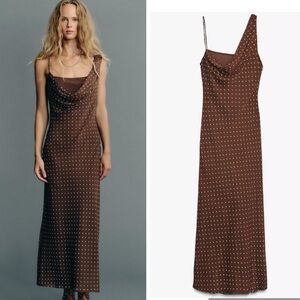Zara Brown Polka Dot One-Shoulder Midi Dress